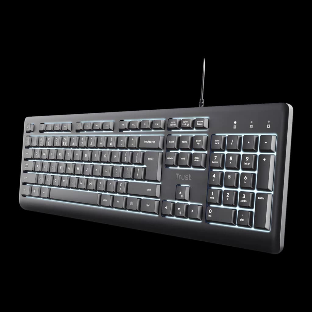 Trust Teclado Primo Iluminado USB QWERTY Preto, vista em ângulo: retroiluminação branca visível nas teclas e cabo USB