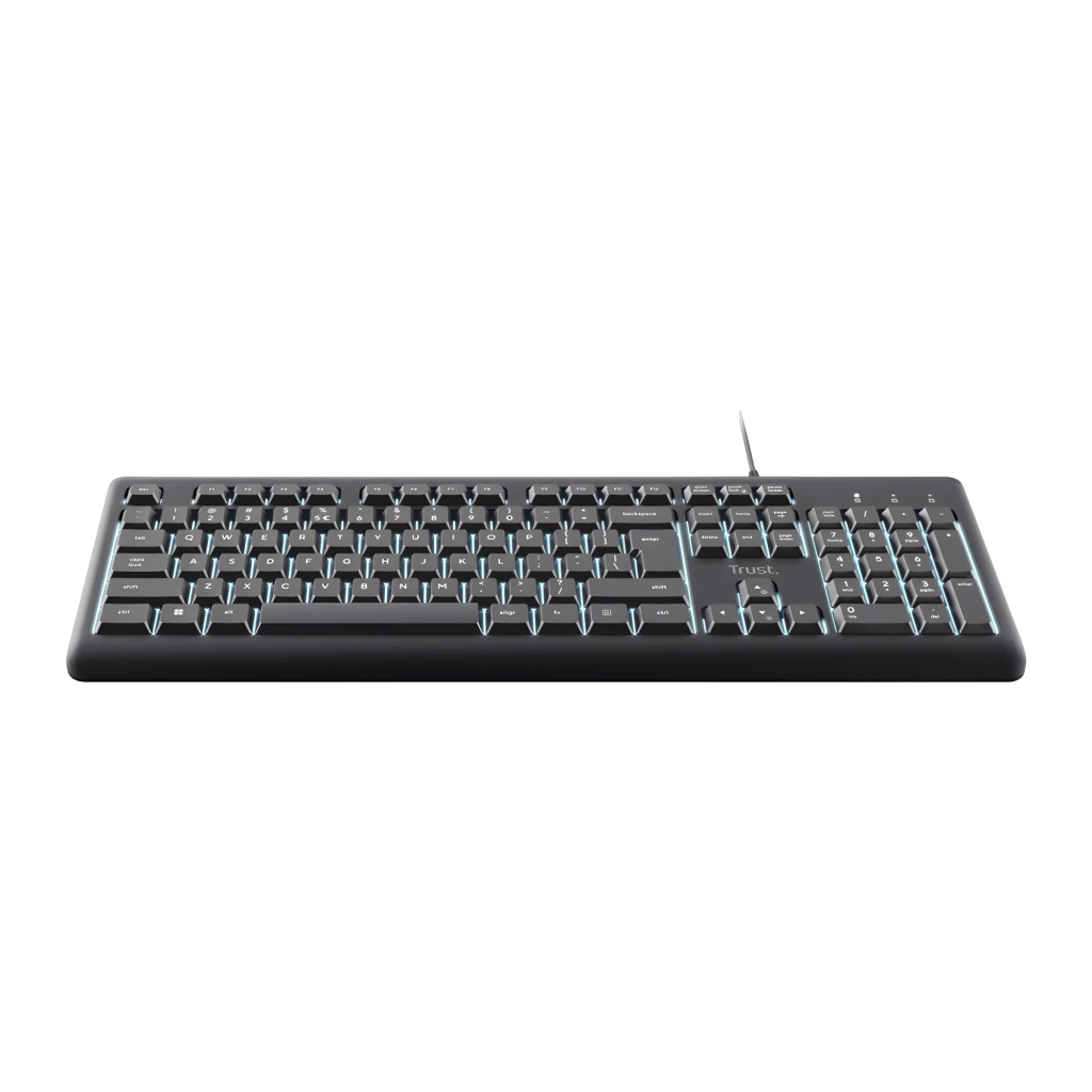 Trust Clavier Primo Éclairé USB QWERTY Noir, vue en angle: rétroéclairage blanc visible sur les touches et câble USB - Ítem1