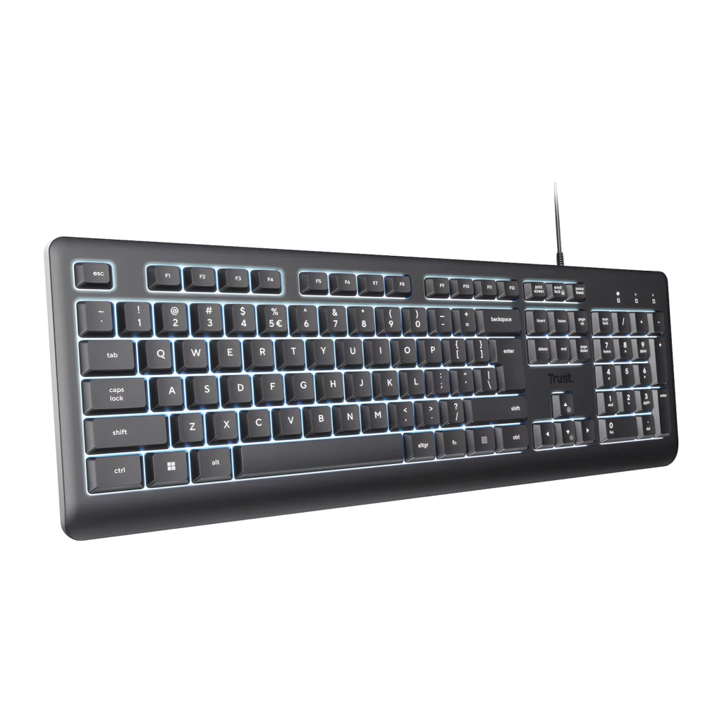 Trust Clavier Primo Éclairé USB QWERTY Noir, vue en angle: rétroéclairage blanc visible sur les touches et câble USB - Ítem2