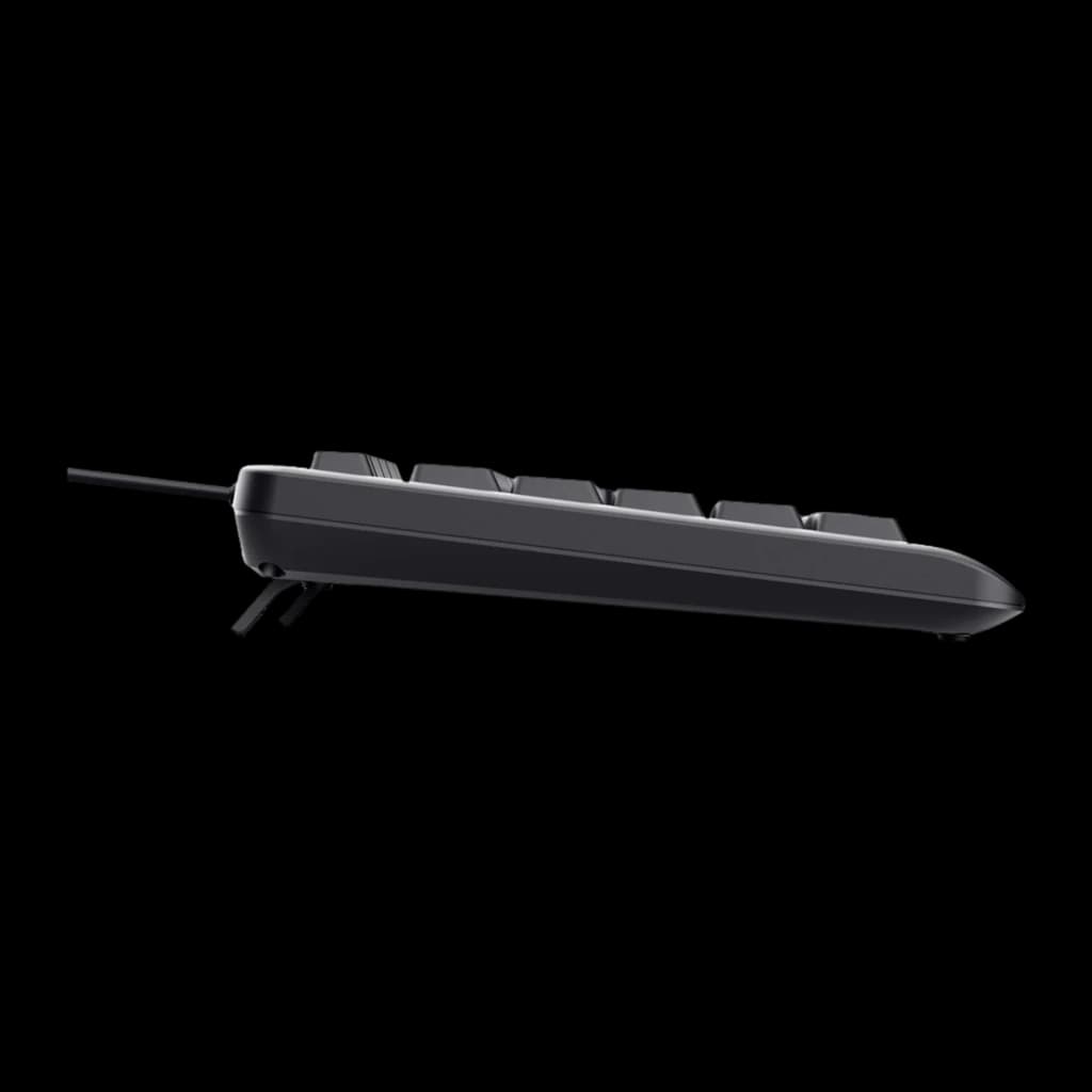 Trust Teclado Primo Iluminado USB QWERTY preto, vista lateral: perfil fino, pés ajustáveis e cabo USB visíveis