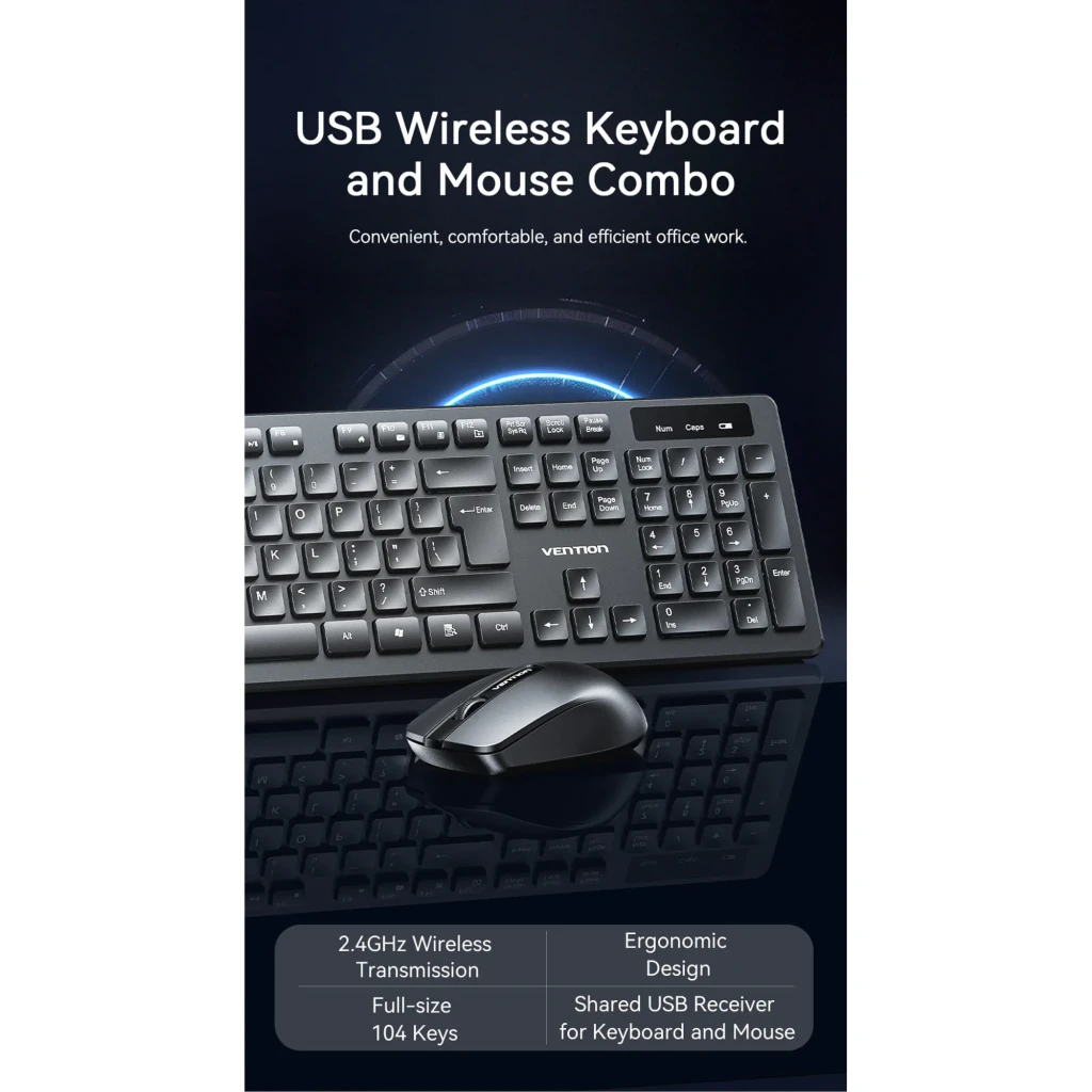 Vention Clavier et Souris Sans Fil KTDB0-ES Noir, vue de face en angle: clavier complet et souris sans fil noire - Ítem2
