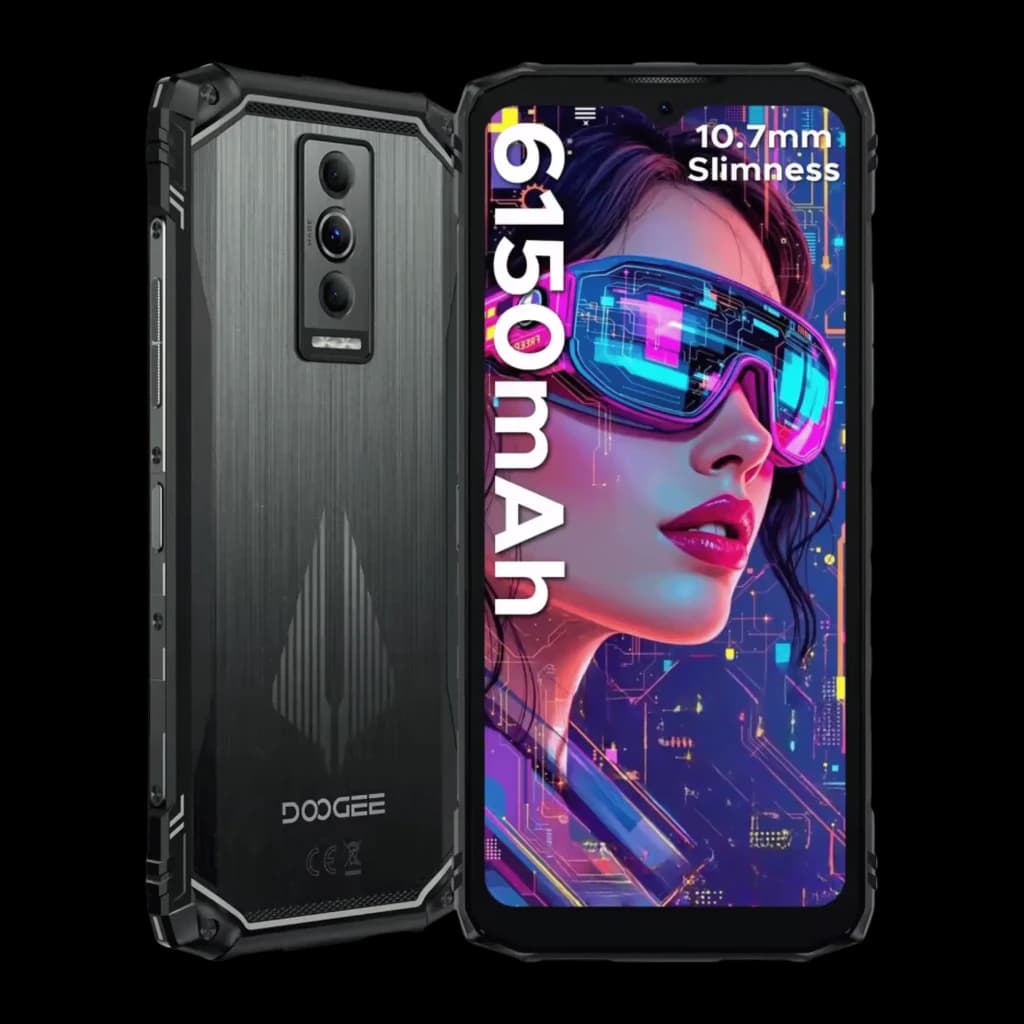 Doogee Blade 10 Pro Energy negro, cuerpo rugerizado con esquinas reforzadas, doble cámara trasera, pantalla con biseles robustos y texto 6150mAh y 10.7mm