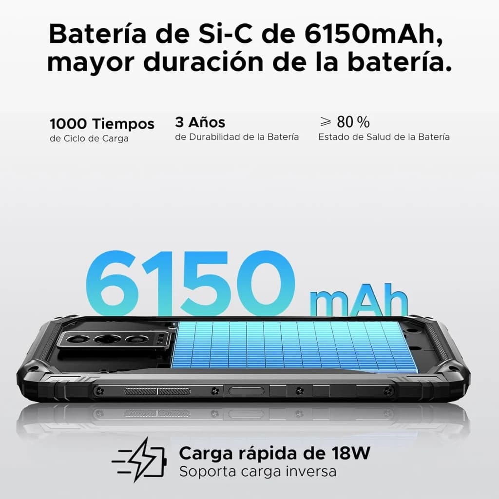 Doogee Blade 10 Pro Energy negro con batería de 6150 mAh, panel trasero tipo solar decorativo, diseño robusto con bordes reforzados y cámara triple vertical