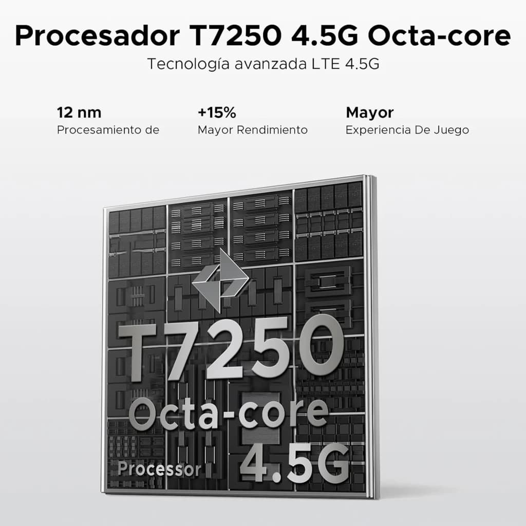 Chip T7250 4.5G Octa‑core en primer plano con diseño en relieve negro; destaca tecnología LTE 4.5G, 12 nm, +15% rendimiento y mejor experiencia de juego