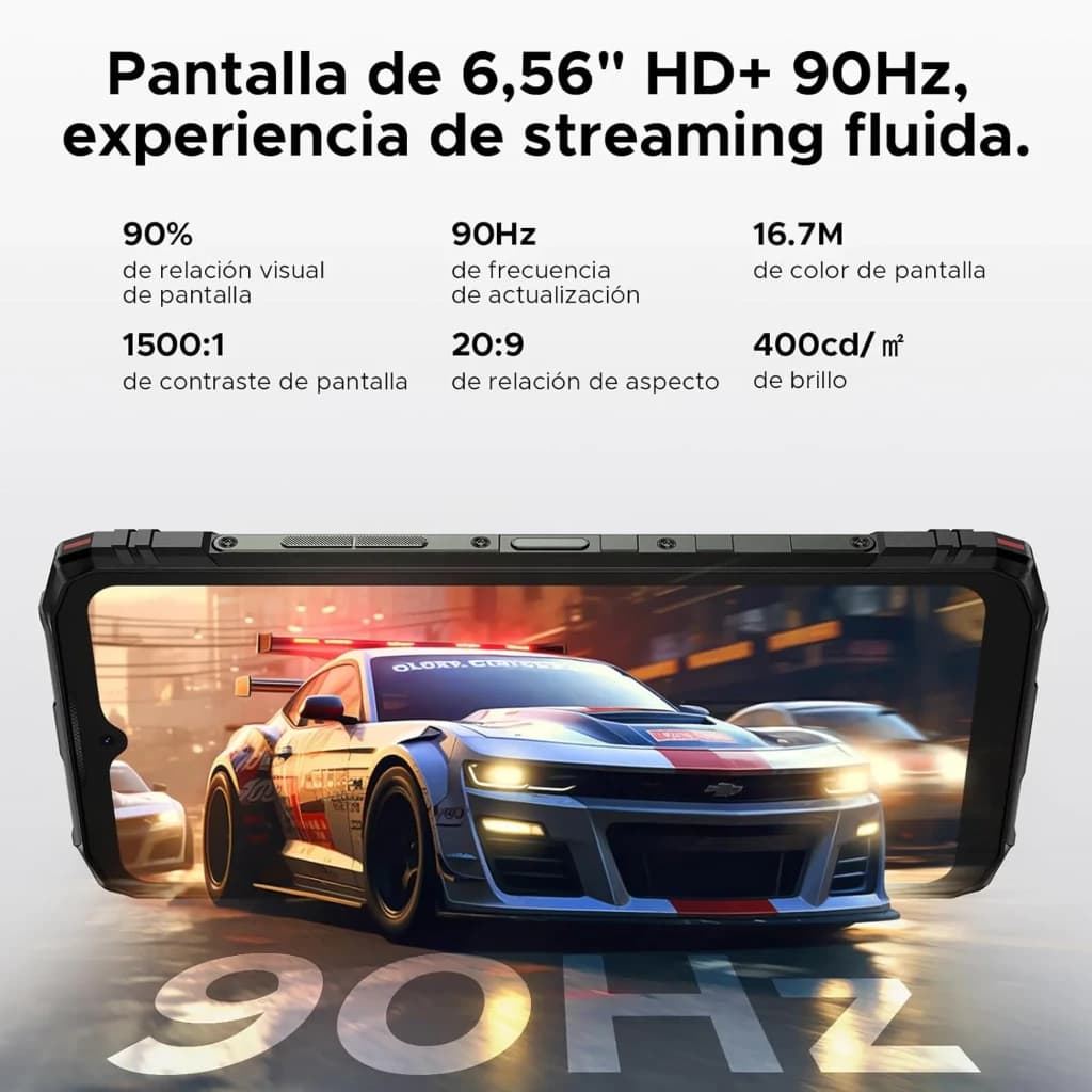 Doogee Blade 10 Pro Energy negro con pantalla 6.56 HD+ 90Hz, brillo 400 cd/m², contraste 1500:1, bordes robustos y certificaciones MIL-STD-810H e IP68/IP69K