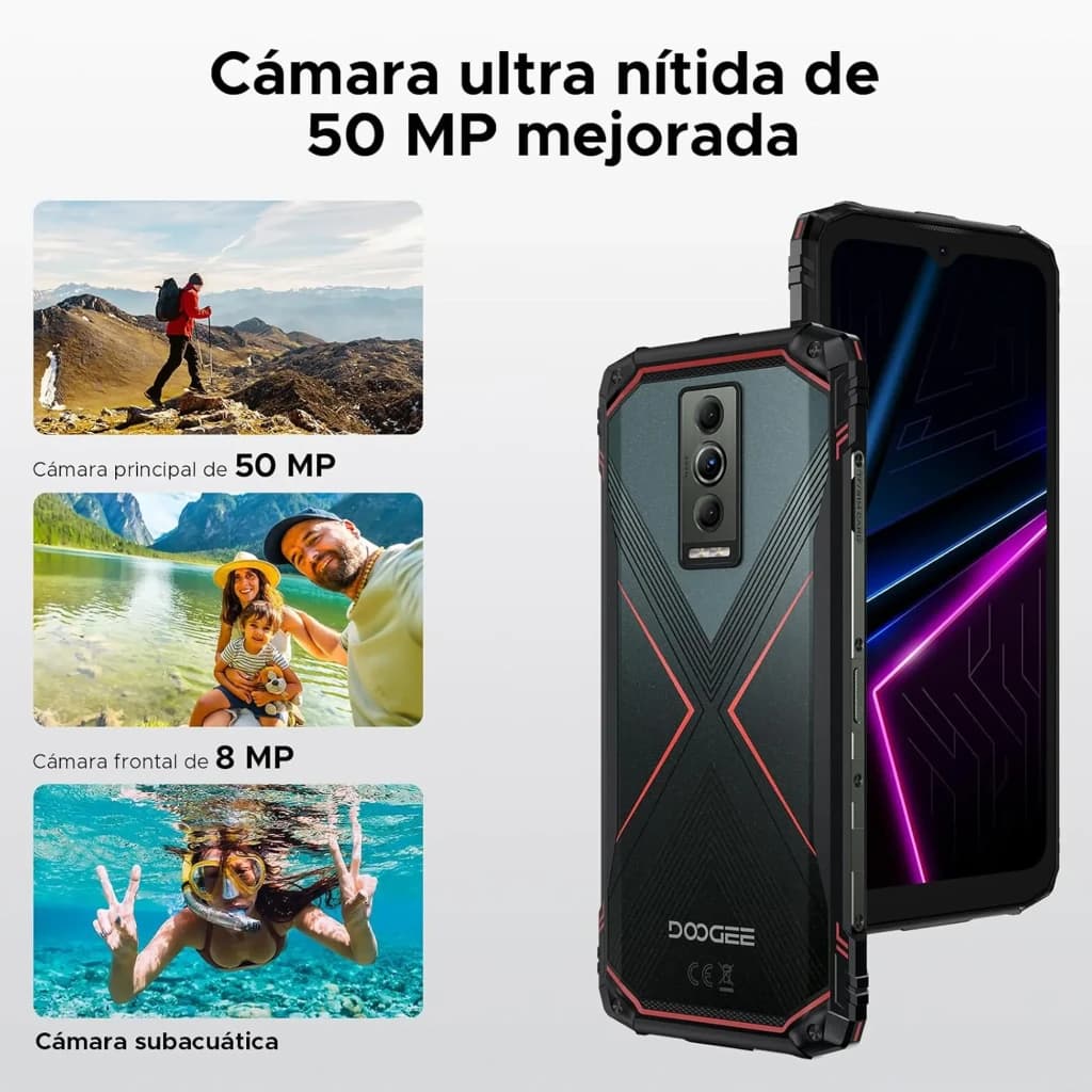 Doogee Blade 10 Pro Energy negro resistente MIL-STD-810H con carcasa rugerizada, doble cámara trasera, acentos rojos y pantalla con patrón geométrico