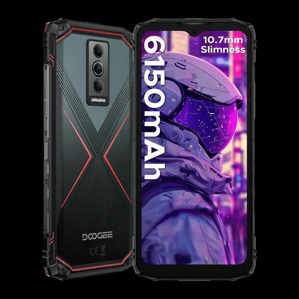 Doogee Blade 10 Pro Energy rojo con carcasa robusta negra y detalles en X rojos, doble cámara trasera, pantalla con biseles finos, 10.7 mm y 6150 mAh