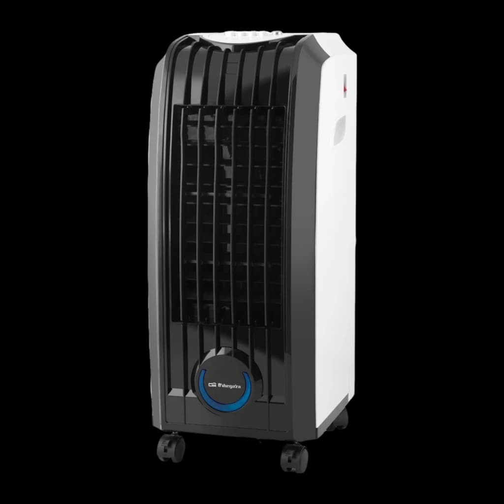 Orbegozo AIR 45 Climatizador 3 en 1 de 60W, carcasa blanca con rejilla negra frontal, panel superior de control, depósito 4L y ruedas giratorias para fácil