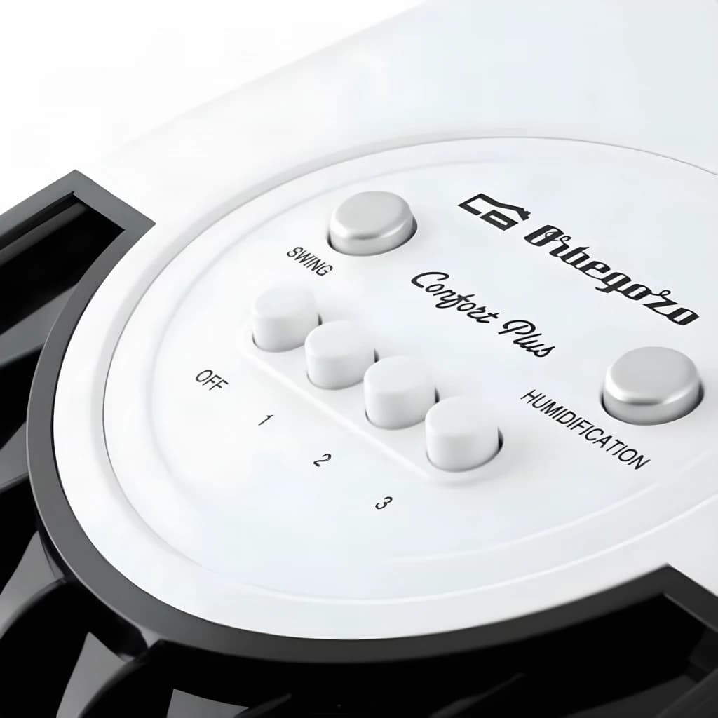 Panel de control Orbegozo AIR 45: botones Swing, Humidification y velocidades 1-3, acabado blanco y negro, diseño moderno y minimalista