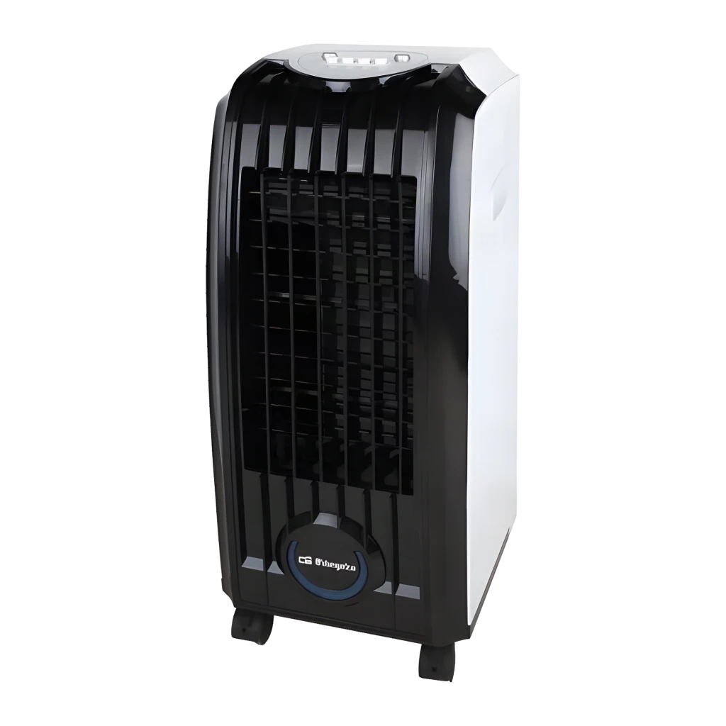 Orbegozo AIR 45 Climatizador 3 em 1, corpo branco com grelha frontal preta, painel circular azul, alças laterais e rodas para mobilidade, depósito 4 L - Item7