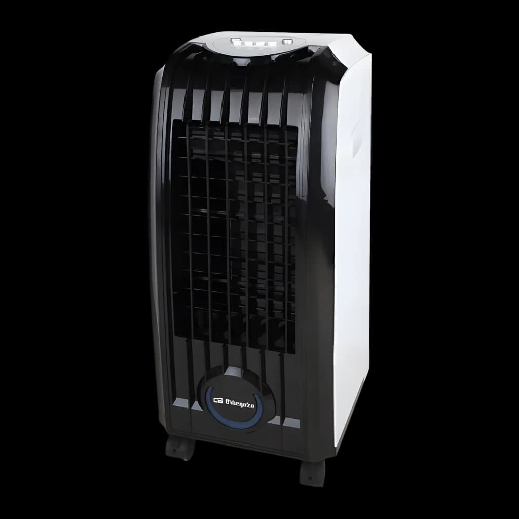 Orbegozo AIR 45 Climatizador 3 en 1 de 60W, cuerpo negro y blanco con rejilla frontal, panel superior con botones y ruedas, depósito de 4L