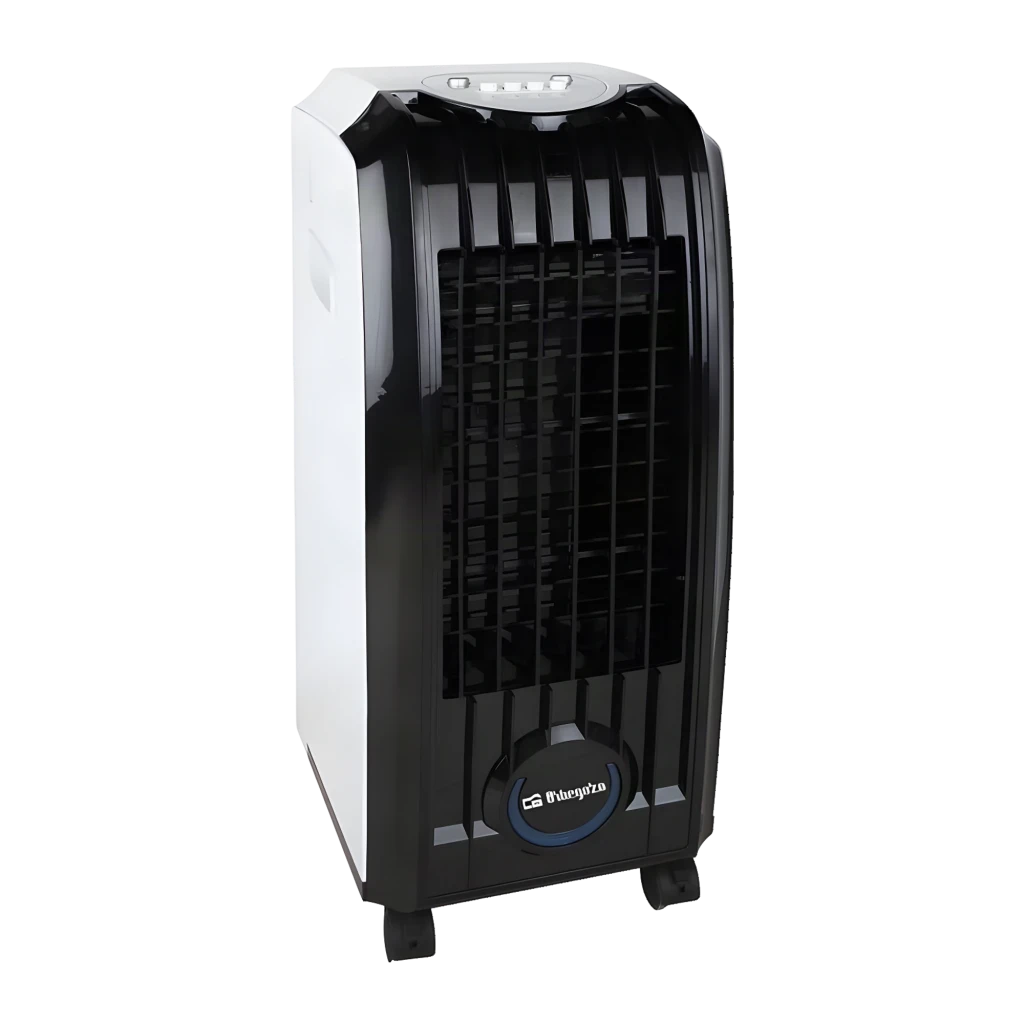 Orbegozo AIR 45 Climatizador 3 em 1, corpo branco com grelha frontal preta, painel circular azul, alças laterais e rodas para mobilidade, depósito 4 L - Item8