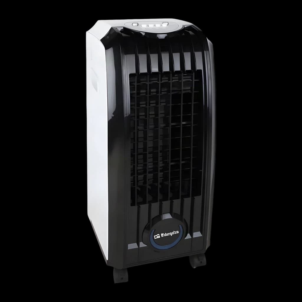 Orbegozo AIR 45 climatizador 3 en 1 de 60W, carcasa negra y blanca, panel superior con botones, rejilla frontal amplia y depósito de 4L, ruedas inferiores