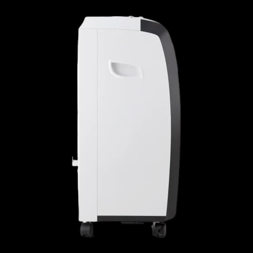 Climatizador blanco y gris de perfil lateral, asa integrada para transporte, ruedas giratorias, diseño compacto Orbegozo AIR 45 3 en 1 60W depósito 4L