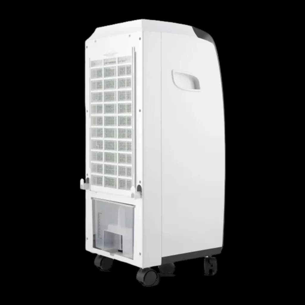 Climatizador Orbegozo AIR 45 blanco con panel trasero de filtro, depósito frontal de 4 L visible, asa lateral integrada y ruedas giratorias negras