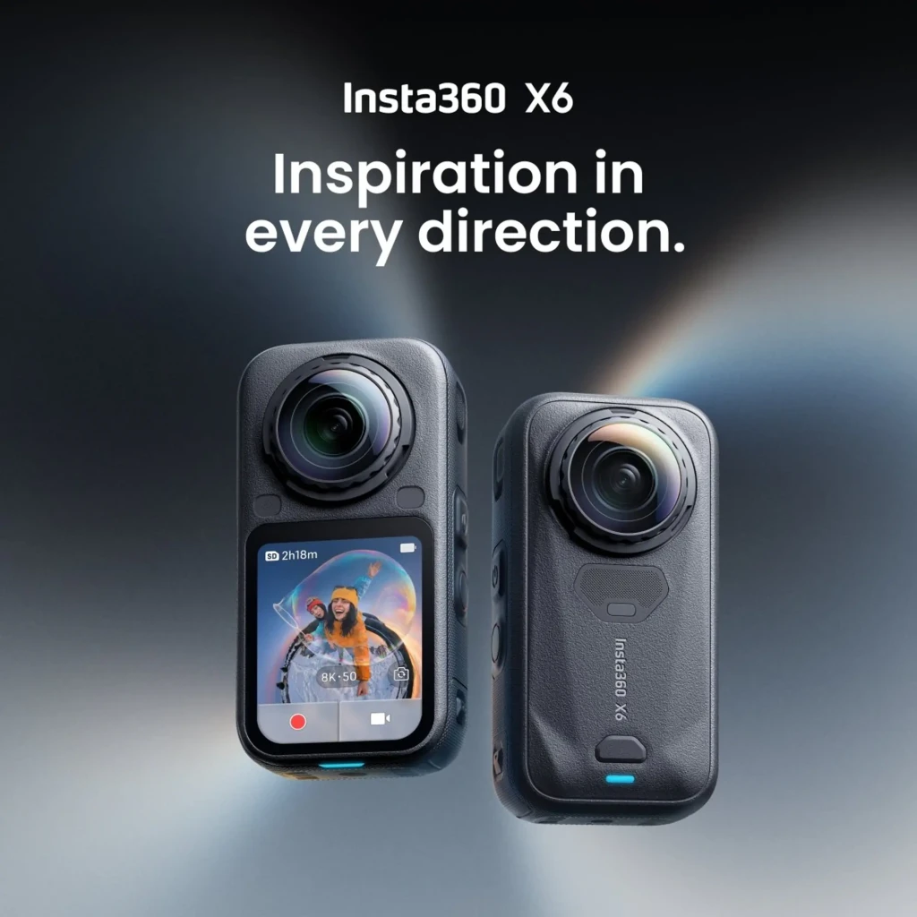 Cámara de acción 360° Insta360 X6 8K con cuerpo robusto negro, lente ultra gran angular saliente y pantalla frontal a color con indicador de grabación IP68 - Ítem5