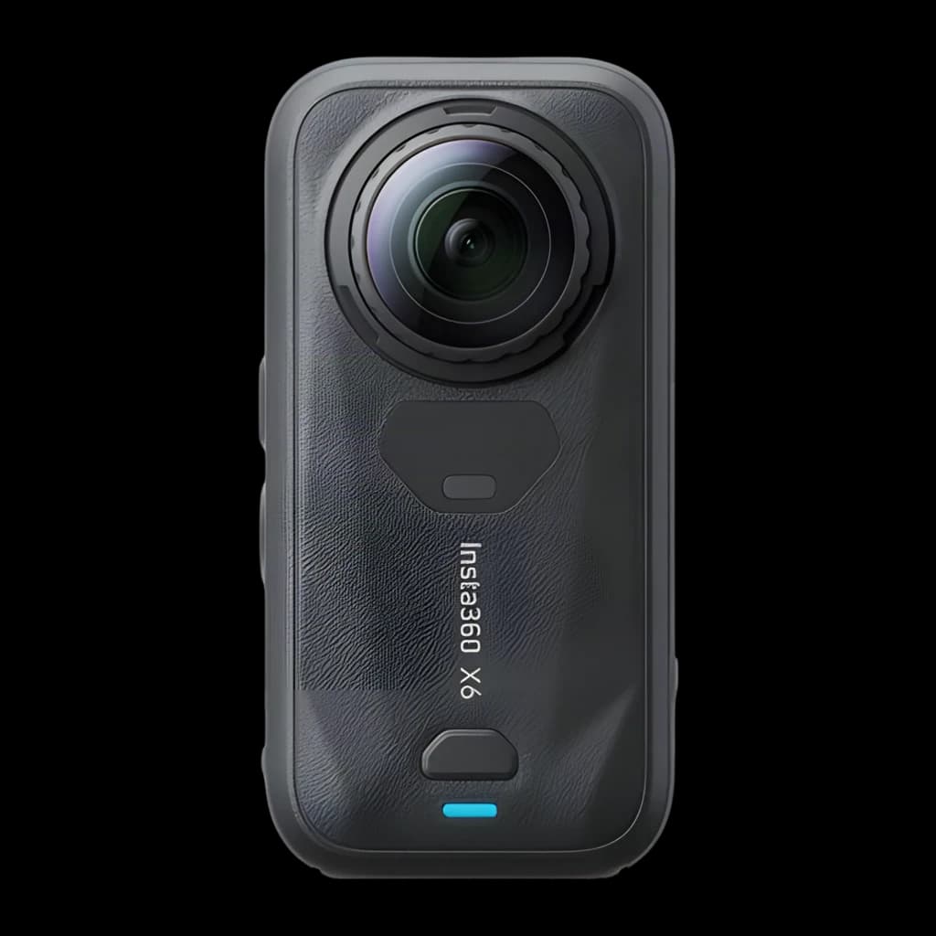Cámara de acción 360° Insta360 X6 8K con gran lente esférica, cuerpo robusto IP68 hasta 20 m, estabilización 6 ejes y pantalla frontal con indicador LED