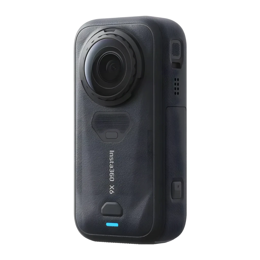 Cámara de acción 360° Insta360 X6 8K con cuerpo robusto negro, lente ultra gran angular saliente y pantalla frontal a color con indicador de grabación IP68 - Ítem1