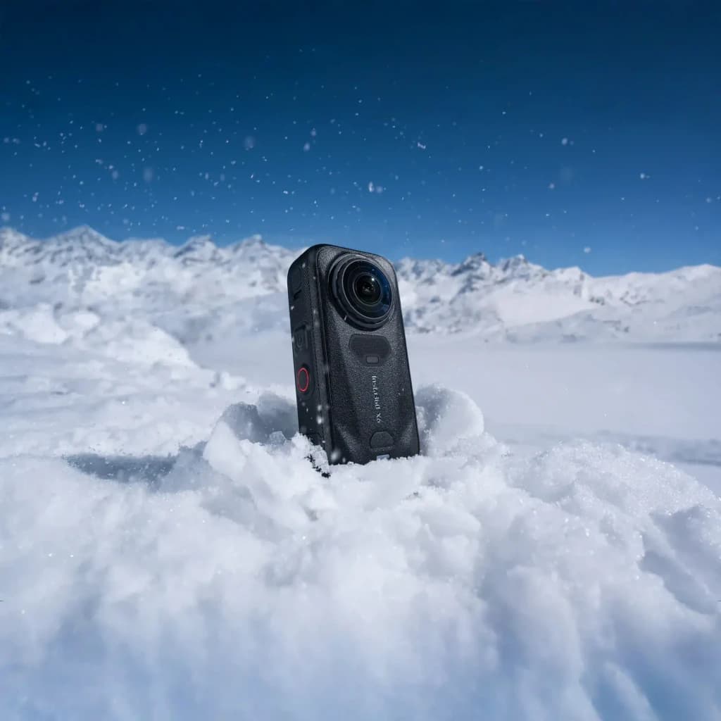 Cámara 360° Insta360 X6 Essentials Bundle 8K con doble lente gran angular, cuerpo negro robusto y resistente al agua hasta 20 m, ideal para nieve y aventura