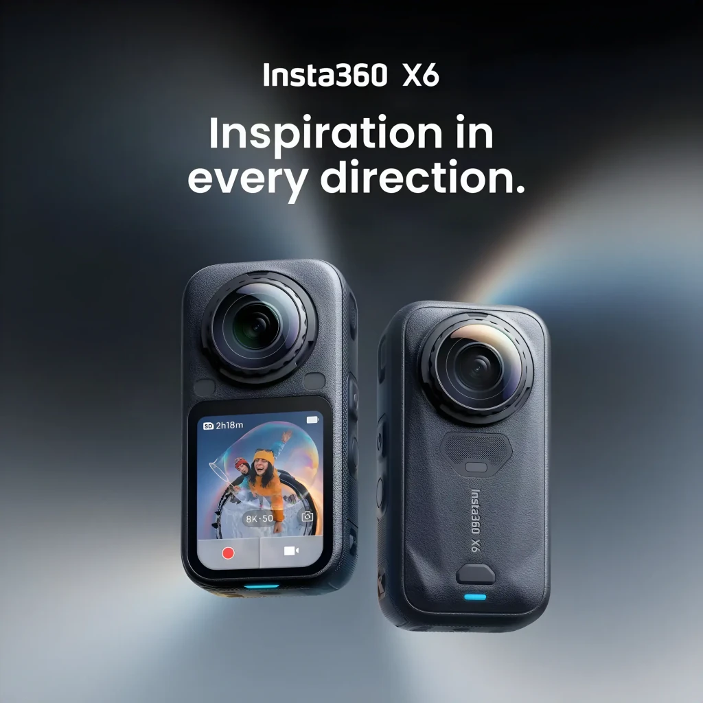 Cámara 360° Insta360 X6 con pantalla frontal, doble lente, palo de extensión, batería, base de carga y funda protectora; compacta y lista para 8K - Ítem2