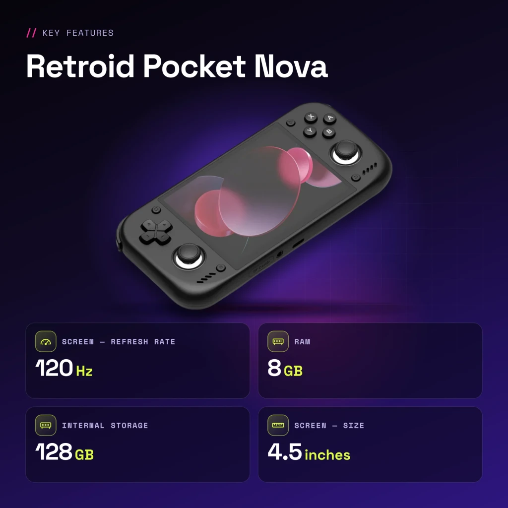 Console portable Retroid Pocket Nova 8Go/128Go Noir AMOLED 4,5 pouces - caractéristiques