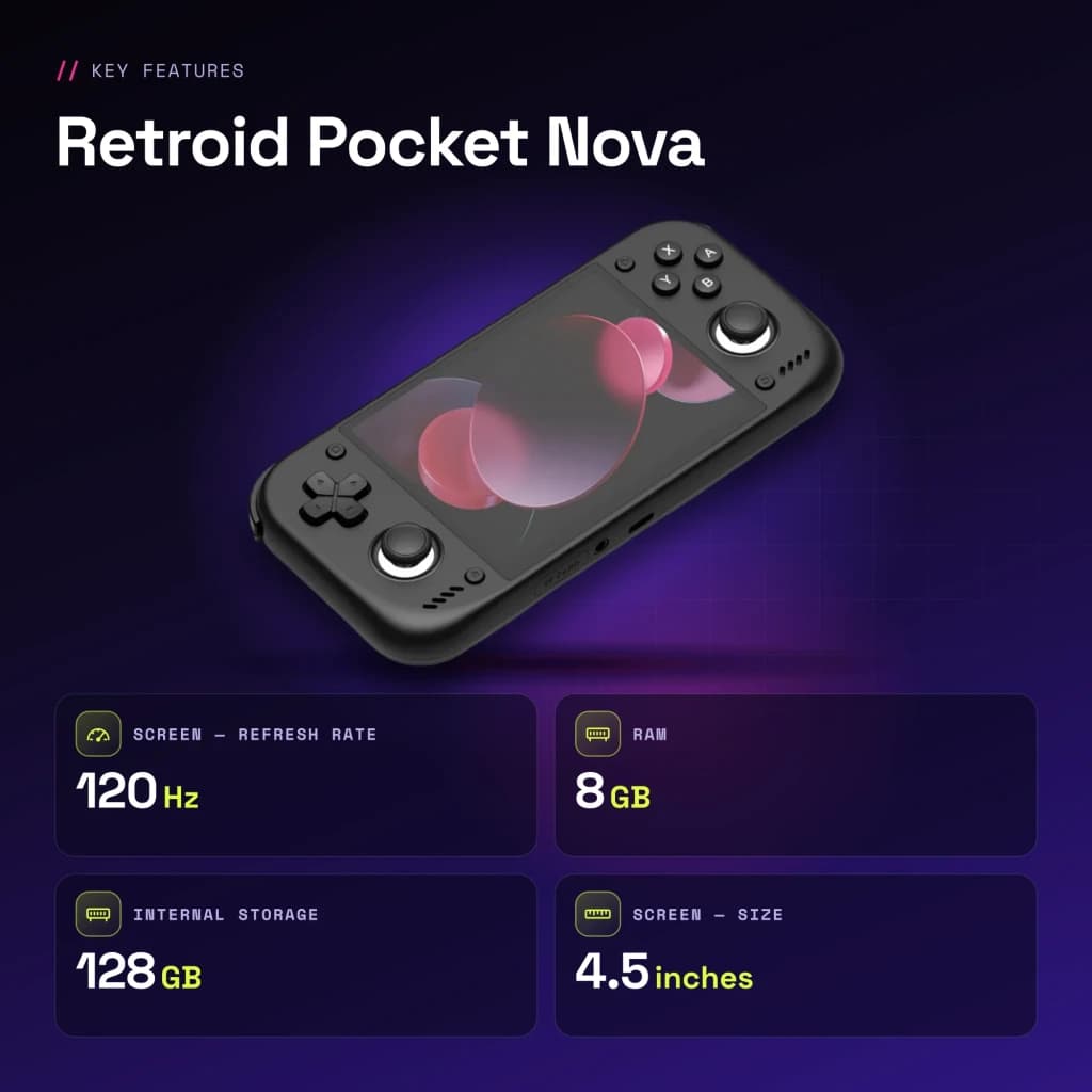 Console portable Retroid Pocket Nova 8Go/128Go Noir AMOLED 4,5 pouces - caractéristiques