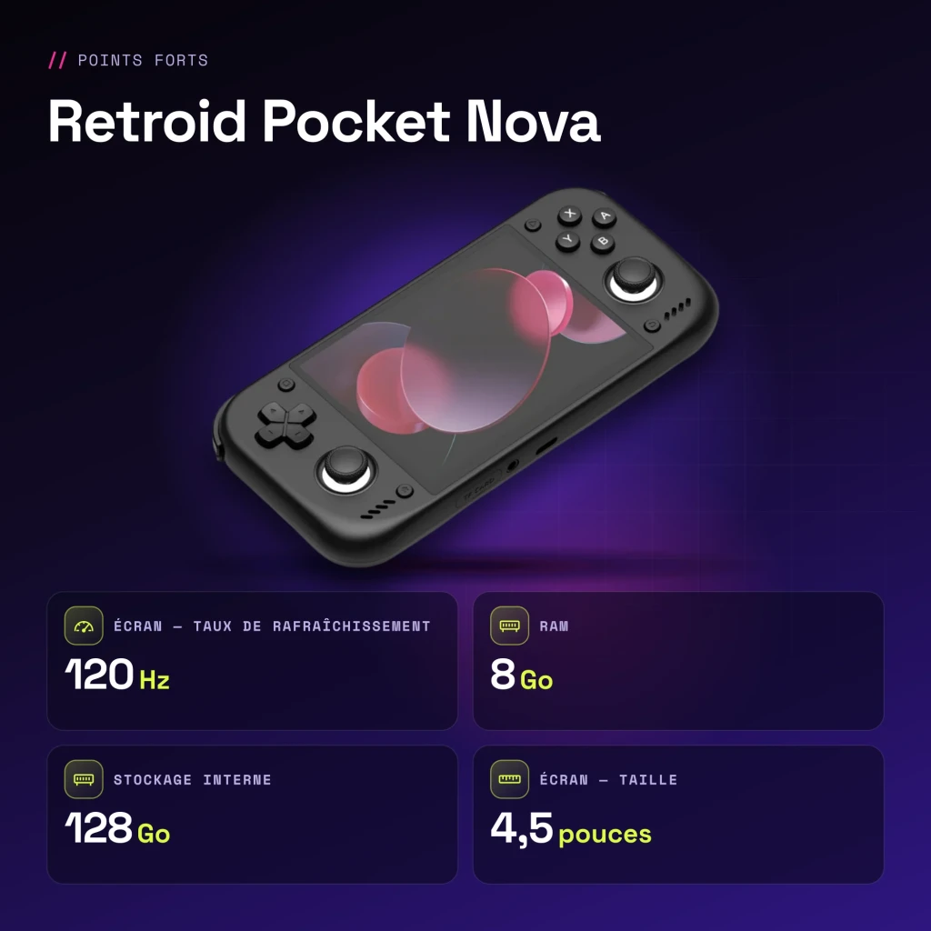 Console portable Retroid Pocket Nova 8Go/128Go Noir AMOLED 4,5 pouces - caractéristiques
