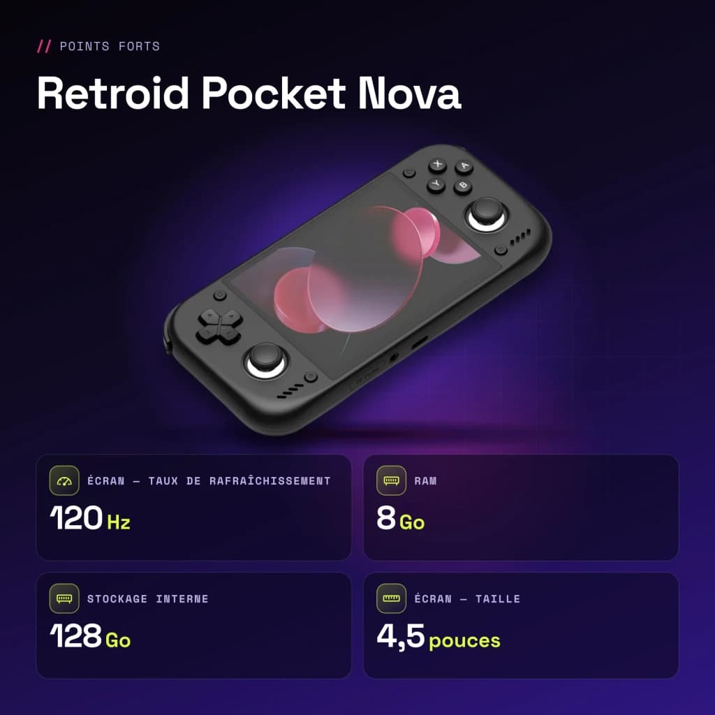 Console portable Retroid Pocket Nova 8Go/128Go Noir AMOLED 4,5 pouces - caractéristiques