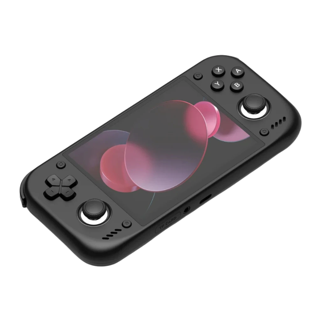 Console portable Retroid Pocket Nova 12Go/128Go Noir AMOLED 4,5 pouces, vue en perspective: écran allumé, joysticks, croix