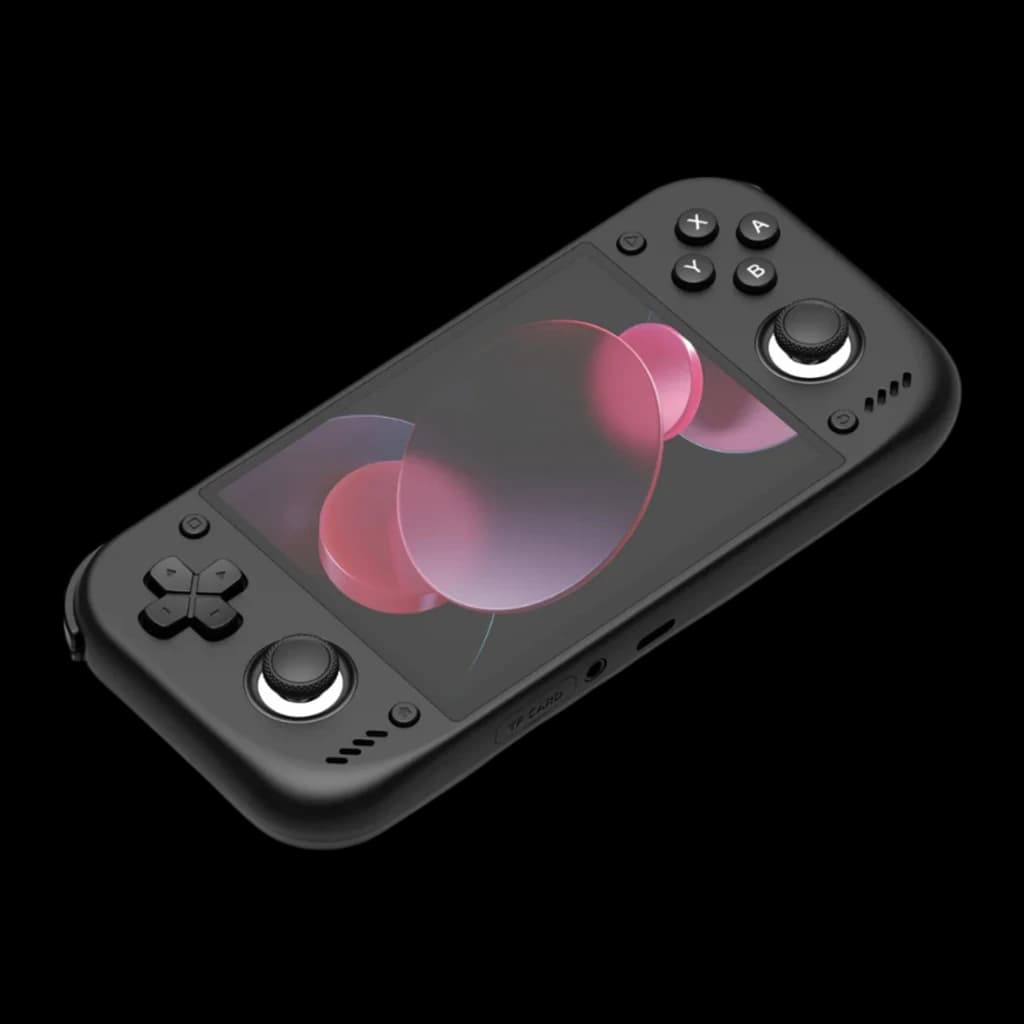 Console portable Retroid Pocket Nova 12Go/128Go Noir AMOLED 4,5 pouces, vue en perspective: écran allumé, joysticks, croix