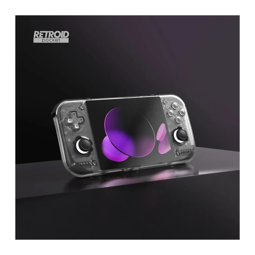 Console portable Retroid Pocket Nova 12Go/128Go Noir AMOLED 4,5 pouces, vue de face en angle: écran AMOLED allumé avec logo