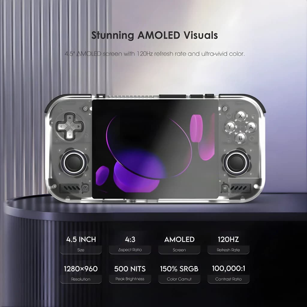 Console portable Retroid Pocket Nova 12Go/128Go Noir AMOLED 4,5 pouces, face avant: écran AMOLED allumé avec fiche technique