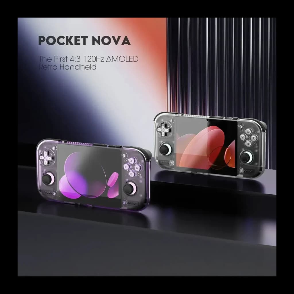 Console portable Retroid Pocket Nova 12Go/128Go Noir AMOLED 4,5 pouces, vue avant: deux unités sur surface sombre, coque
