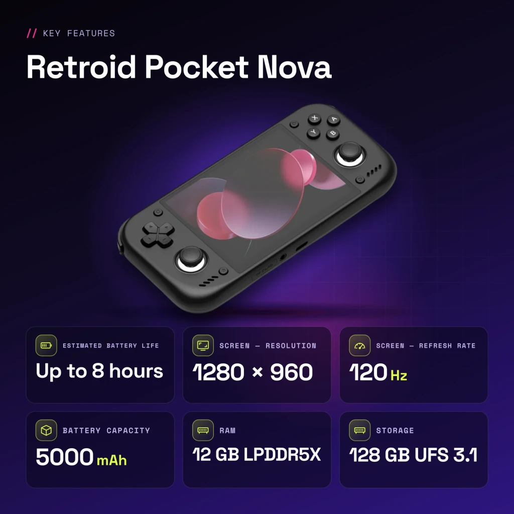 Console portable Retroid Pocket Nova 12Go/128Go Noir AMOLED 4,5 pouces - caractéristiques