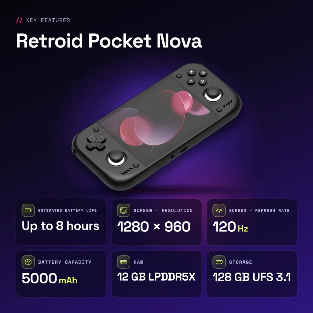 Console portable Retroid Pocket Nova 12Go/128Go Noir AMOLED 4,5 pouces - caractéristiques