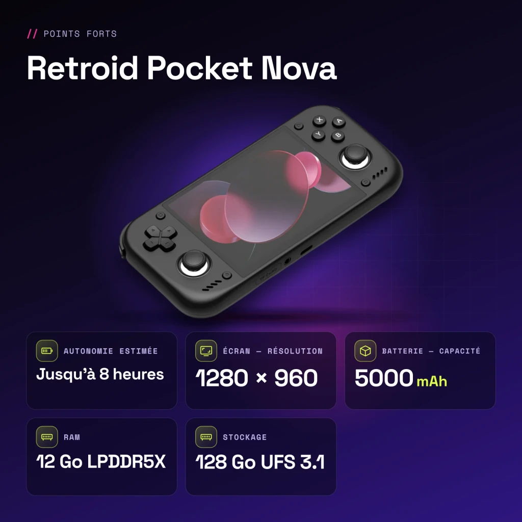 Console portable Retroid Pocket Nova 12Go/128Go Noir AMOLED 4,5 pouces - caractéristiques