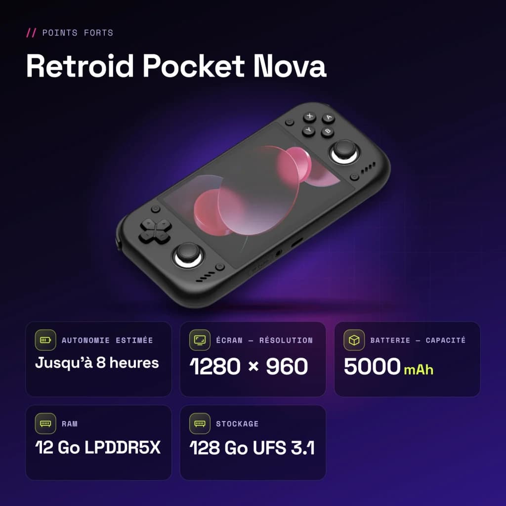 Console portable Retroid Pocket Nova 12Go/128Go Noir AMOLED 4,5 pouces - caractéristiques