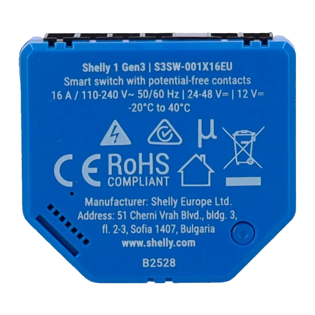 Relé inteligente Shelly 1 Gen3 Wi-Fi Pack de 2 Azul, vista trasera: etiqueta con especificaciones técnicas, certificaciones