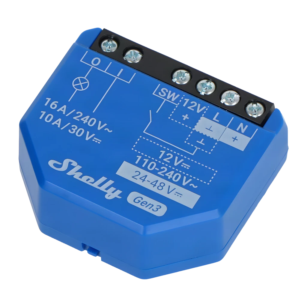 Relé inteligente Shelly 1 Gen3 Wi-Fi Pack de 2 Azul, detalle: diagrama de cableado, terminales de tornillo