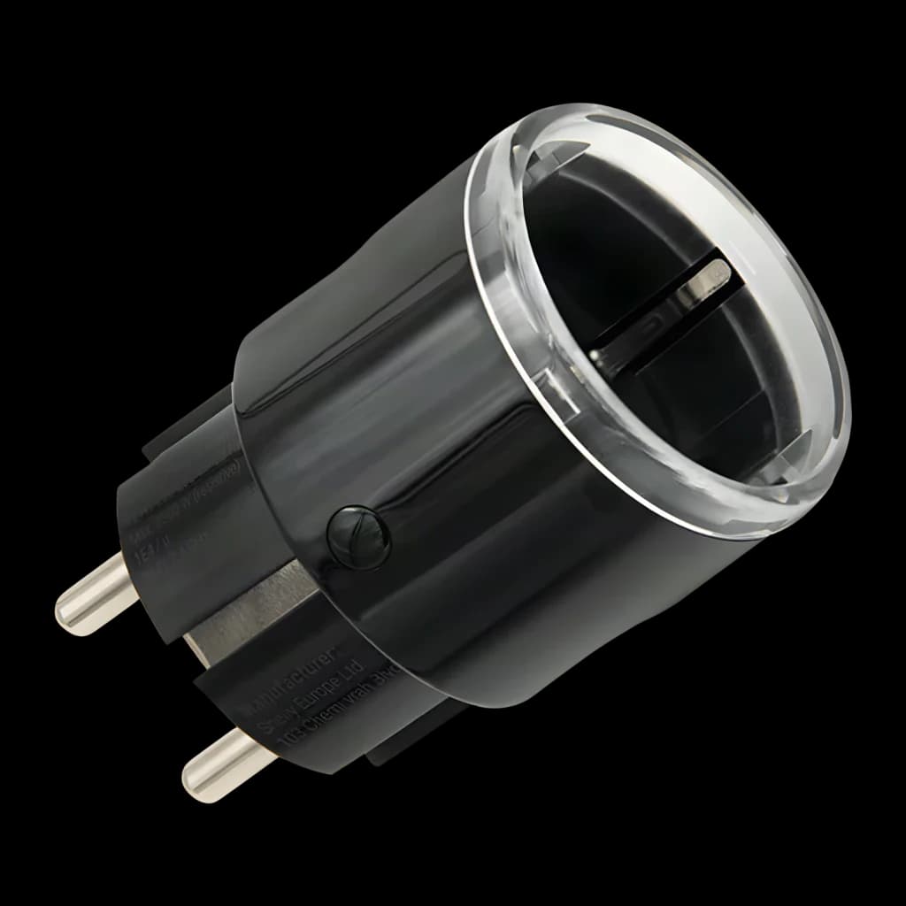 Prise intelligente Shelly Plug S Gen3 Matter Noir 12A, vue de face: corps cylindrique noir avec anneau LED transparent