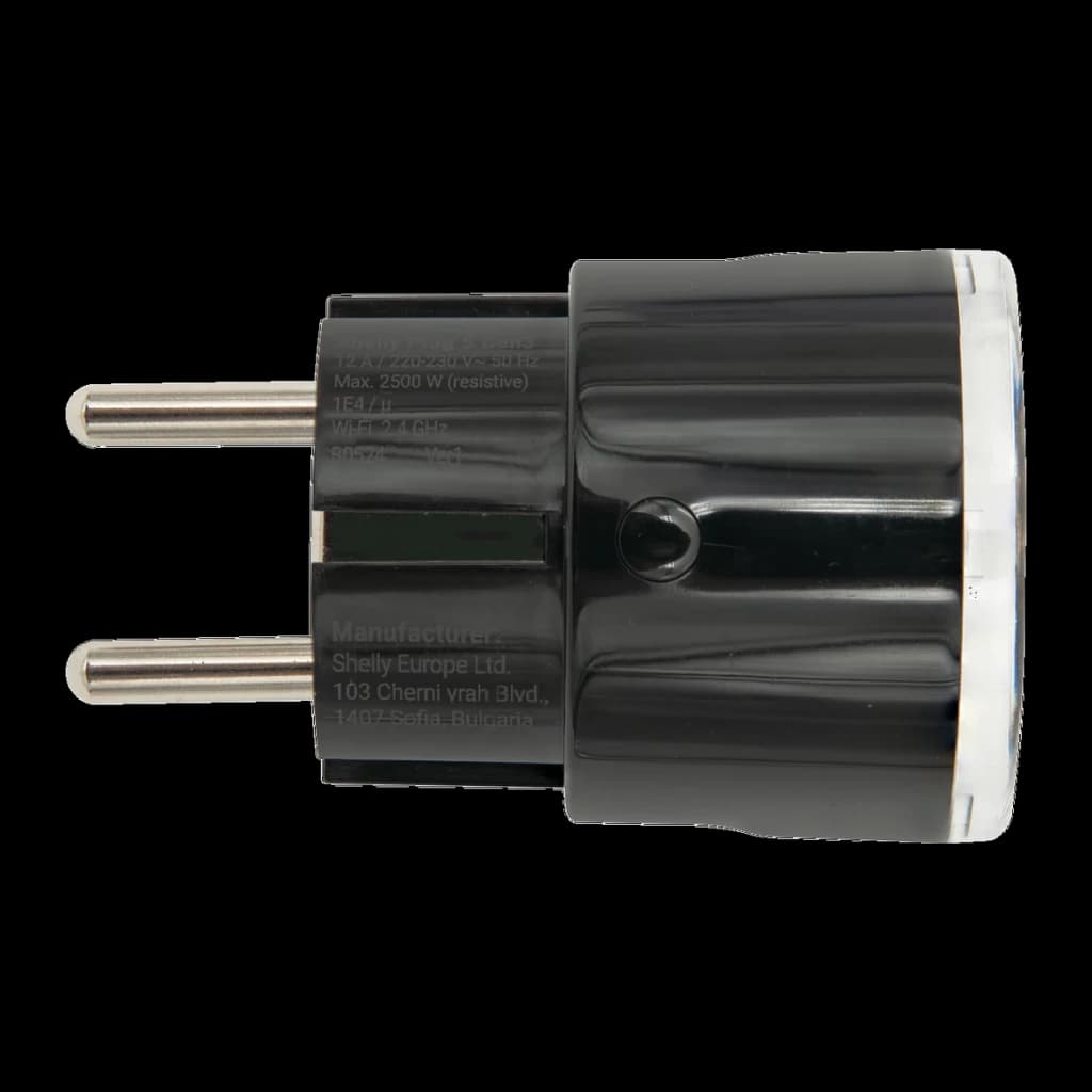 Prise intelligente Shelly Plug S Gen3 Matter Noir 12A, détail latéral: broches métalliques, corps noir et anneau LED blanc