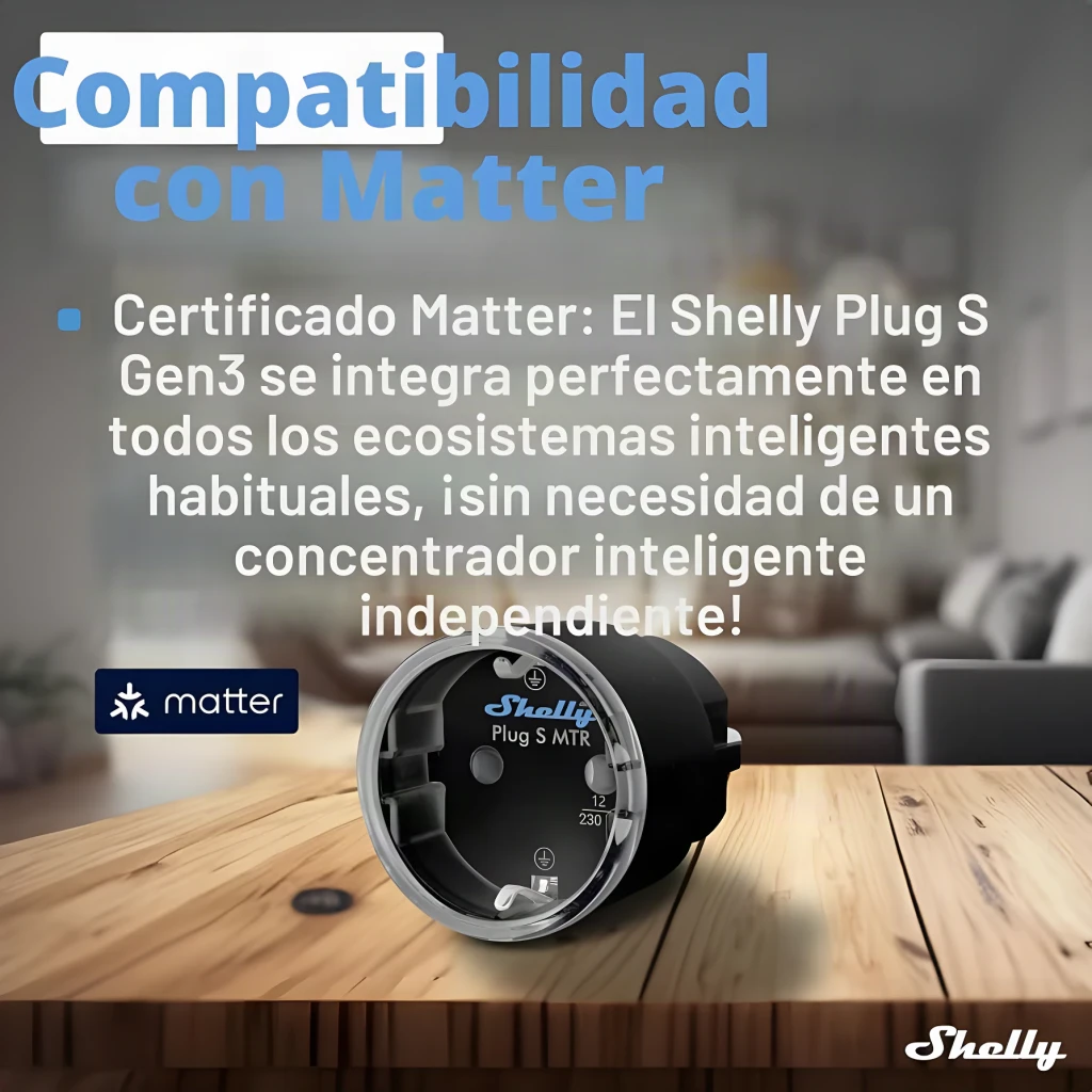 Prise intelligente Shelly Plug S Gen3 Matter Noir 12A, infographie: certification Matter et prise sur table en bois