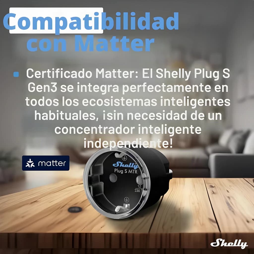 Prise intelligente Shelly Plug S Gen3 Matter Noir 12A, infographie: certification Matter et prise sur table en bois