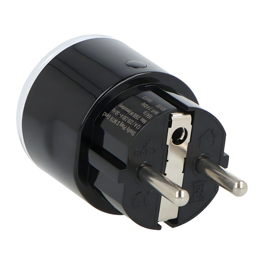 Prise intelligente Shelly Plug S Gen3 Matter Noir 12A, vue arrière: broches Schuko métalliques, étiquette technique et logo