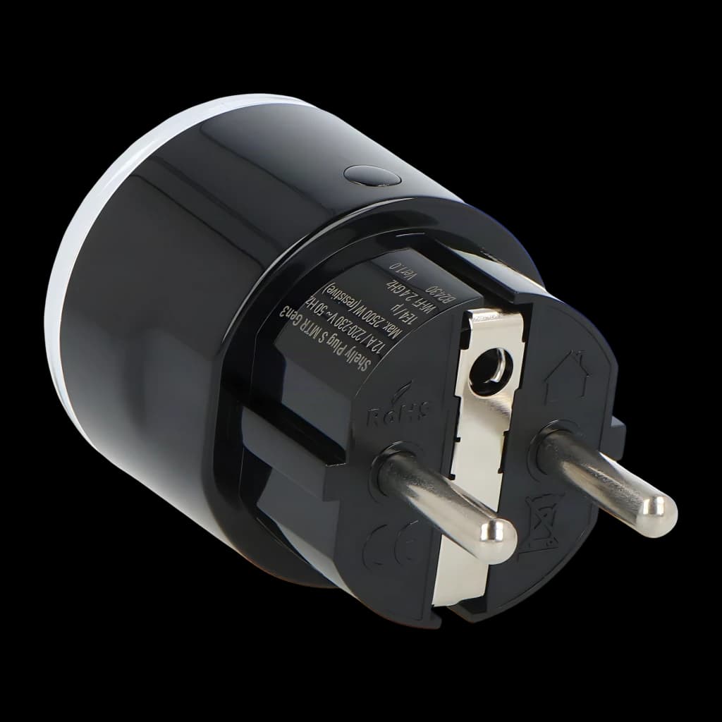 Prise intelligente Shelly Plug S Gen3 Matter Noir 12A, vue arrière: broches Schuko métalliques, étiquette technique et logo