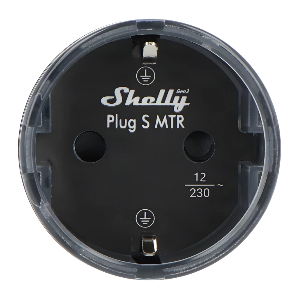 Prise intelligente Shelly Plug S Gen3 Matter Noir 12A, détail: face avant avec broches, logo et spécifications 12A/230V