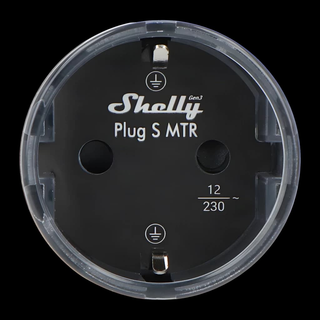 Prise intelligente Shelly Plug S Gen3 Matter Noir 12A, détail: face avant avec broches, logo et spécifications 12A/230V