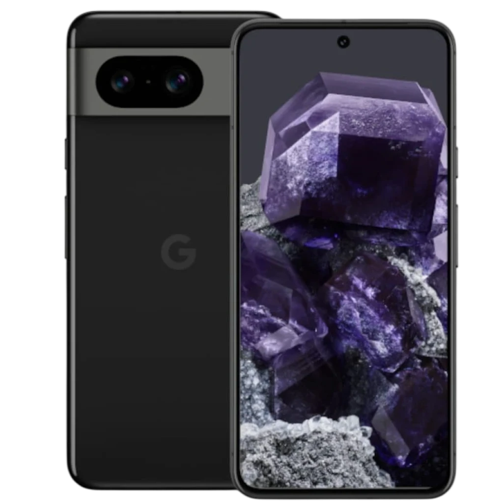 Smartphone Google Pixel 8 5G color obsidiana, pantalla sin bordes con cámara frontal perforada, doble cámara trasera horizontal y acabado negro elegante - Ítem