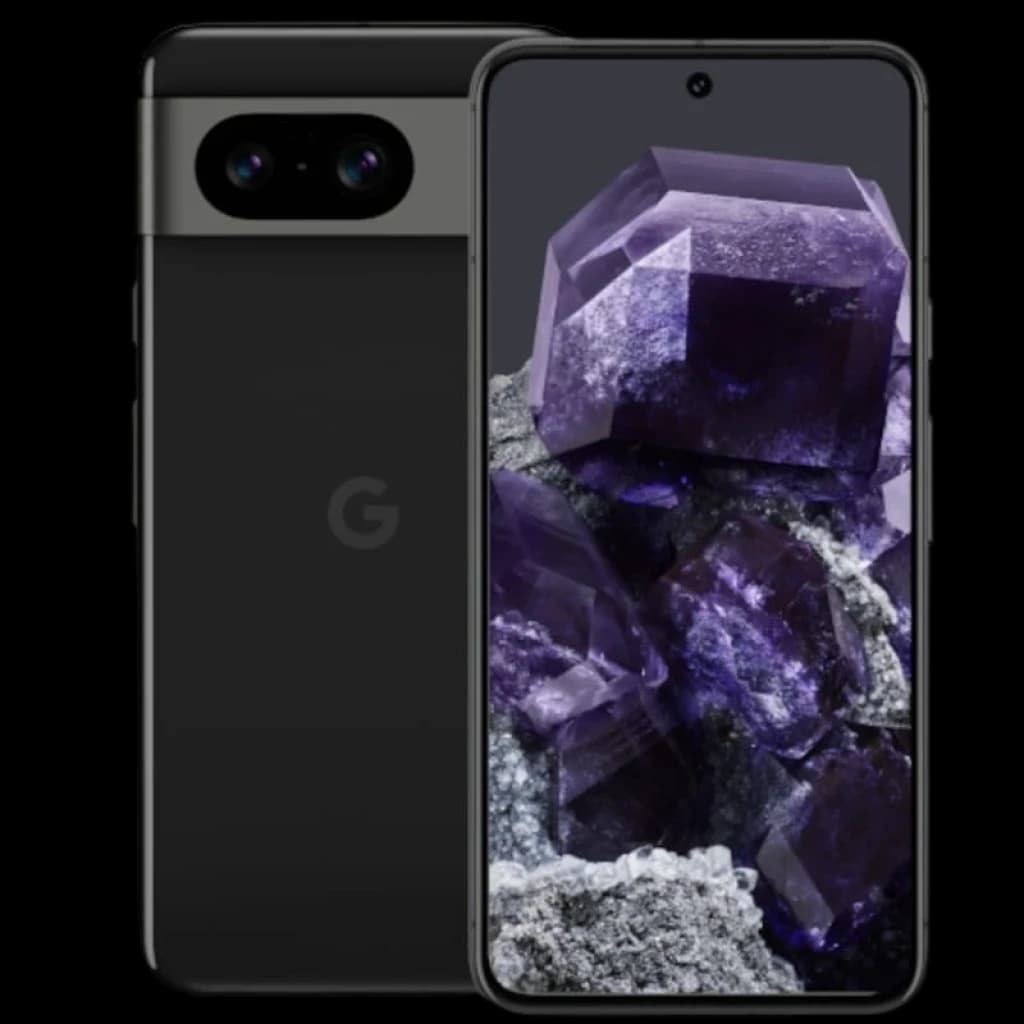 Google Pixel 8 5G obsidienne reconditionné bon état, dos noir mat avec module photo horizontal, écran bord à bord percé affichant un cristal violet