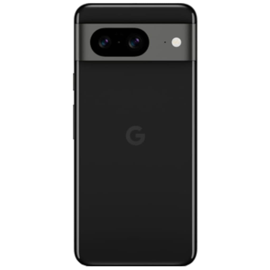 Google Pixel 8 5G obsidienne reconditionné bon état, dos noir mat avec barre photo horizontale, double capteur et flash, logo G centré